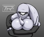 between_breasts big_breasts breasts clothed clothing crossed_arms cyclops female gradient_background grey_background humanoid not_furry simple_background solo teaspoon