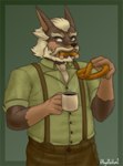 angelthevixen anthro beards beverage brown_body brown_fur canid canine caninu canis clothing coffee colonel_pretzel cyberconnect2 domestic_dog dress_shirt eating facial_hair fuga:_melodies_of_steel fur hair hi_res little_tail_bronx male mammal mature_male mustache pretzel_(disambiguation) shirt solo suspenders topwear white_hair