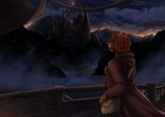 ajna anthro apprehensive bear castle clothed clothing detailed_background dusk hair hi_res lawrence_de_la_vojeto mammal moon orange_hair pensive ship slightly_chubby solo sunset ursine vehicle watercraft