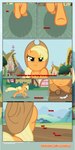 absurd_res applejack_(mlp) black_border border building clothing cowboy_hat cutie_mark determined dialogue duo earth_pony equid equine estories female feral friendship_is_magic frown hasbro hat headgear headwear hi_res hill horse mammal my_little_pony narrowed_eyes outside plant pony ponyville running shrub train_station tree