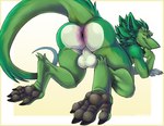 2024 all_fours anthro anus anyare balls big_anus big_balls big_butt butt digital_media_(artwork) feet fur genitals green_body green_fur looking_at_viewer looking_back looking_back_at_viewer male nude presenting presenting_hindquarters raised_tail rear_view sergal smile solo tail