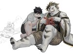 anthro asian_clothing barefoot belly chinese_clothing chubby_protagonist_(tas) clothing duo east_asian_clothing feet felid fur hi_res human licho_(tas) lifewonders male mammal overweight pantherine pawpads popcornduck2 protagonist_(tas) striped_body striped_fur stripes tiger tokyo_afterschool_summoners white_body white_fur