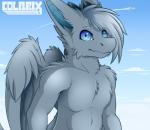 2015 aircraft airplane anthro blue_eyes blue_sky cloud colarix day detailed_background digital_media_(artwork) dragon feathered_dragon feathered_scalie feathered_wings feathers fur furred_dragon furred_scalie grey_body grey_feathers grey_fur grey_hair hair hi_res horn looking_at_viewer male mythological_creature mythological_scalie mythology nude outside scalie short_hair simple_background sky solo standing vehicle wings