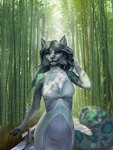 3:4 anthro bamboo bamboo_tree clothing digital_media_(artwork) dress felid female fluffy fluffy_tail hair hi_res hybrid long_hair mammal plant prehistoric_species saber-toothed_tiger solo tail techiesxc tree