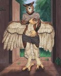 anthro avian beak bedroom_eyes bird breast_grab breast_squish breasts cabin clothed clothing dark_nipples feathers feet female flashing fluffy genitals great_horned_owl hand_on_breast hi_res horned_owl narrowed_eyes nipples owl partially_clothed pinup plant plumpenguinn pose presenting presenting_breasts pussy seductive solo squish standing talon_hands talons teasing toes tree true_owl wings