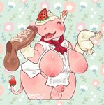 2023 animal_crossing anthro apron areola balls big_areola big_breasts big_nipples blush body_blush breast_blush breasts brown_body brown_skin chef_uniform clothed clothing disembodied_penis erection exposed_breasts eyes_closed facial_horn food food_fetish food_on_penis food_play foreskin fruit genitals glistening glistening_body grapeyguts gynomorph hooves horn icing intersex male mammal merengue_(animal_crossing) nintendo nipple_dip nipples overweight overweight_gynomorph overweight_intersex partially_clothed penis pink_areola pink_body pink_nipples plant rhinoceros scarf signature simple_background smile solo strawberry tail thick_thighs