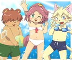 2024 5_fingers 6:5 anthro asha_(gundam_build_divers_re:rise) ball beach_ball bear blush canid canine canis clothing domestic_dog fangs female fingers gesture group gundam gundam_build_divers_re:rise hair hair_over_eyes hand_gesture happy hulun inflatable japanese_description kemoizumi looking_at_viewer male mammal navel open_mouth overweight overweight_male swimwear tail teeth tied_hair towana trio v_sign waving waving_at_viewer young young_anthro young_female young_male