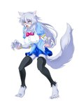 3:4 accessory anthro barefoot big_breasts blue_clothing blush bottomwear breasts canid canine canis claws clothing corruption fangs feet female fur grey_body grey_fur grey_hair hair hi_res humanoid jewelry legwear leona_(mgratmd) magical_girl_outfit magical_girl_rika_and_the_monster_dungeon mammal morumotto2234 nipples open_mouth pawpads red_eyes simple_background skirt solo stockings teeth toe_claws transformation wolf