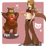 1:1 alternate_species animal_humanoid bear belt bottomwear breasts brown_hair clothing costume duo female feral generation_2_pokemon hair humanoid humanoidized low_res mammal nintendo pants pokemon pokemon_(species) pokemon_costume pokemon_humanoid pokemorph ranphafranboise under_boob ursaring