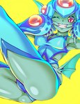 2020 bandai_namco big_breasts blue_clothing blue_leotard blue_swimwear breasts butt camel_toe clothing digimon digimon_(species) digimon_frontier female fin gerusyu green_body green_skin hi_res humanoid leotard looking_at_viewer one-piece_swimsuit one_eye_closed ranamon red_eyes simple_background smile solo swimwear teeth yellow_background