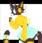 2023 alpha_channel anthro bell_on_tail black_body black_fur blue_sclera bodily_fluids bottomwear bunonthemoon clothed clothing crossdressing domestic_cat felid feline felis femboy fur heterochromia male mammal skirt slim_anthro slim_male solo sweat sweatdrop tail yellow_sclera