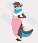 2023 anthro autumn_(tildeer) biped bottomwear breasts brown_body brown_fur clothing countershading eyes_closed eyewear feet female fingers fur glasses hand_on_hip hi_res lgbt_pride mammal multicolored_clothing mustelid otter pink_bottomwear pink_clothing plantigrade pride_color_clothing pride_color_outfit pride_colors solo tan_body tan_fur toes topwear trans_(lore) trans_woman_(lore) transgender_pride_colors vanillayote whiskers white_clothing white_topwear