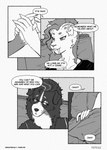 alfred_(fefece) anthro bernese_mountain_dog black_and_white canid canine canis clothed clothing comic dialogue domestic_dog duo english_text eyewear fefece felid female glasses hand_holding hi_res male male/female mammal molosser monochrome mountain_dog prehistoric_species prudy_(fefece) saber-toothed_tiger speech_bubble swiss_mountain_dog text