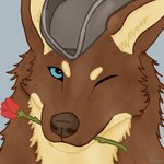 1:1 2024 absurd_res ambiguous_gender anthro blinking blue_background blue_eyes brown_body brown_fur canid canine canis clothing digital_drawing_(artwork) digital_media_(artwork) flower fluffy follen fur hat headgear headshot_portrait headwear hi_res humanoid looking_at_viewer mammal mythological_canine mythological_creature mythology plant portrait rose_(flower) signature simple_background smile smiling_at_viewer solo tan_body tan_fur tomaguinha werecanid werecanine werecreature werewolf wolf