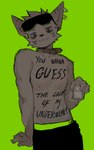 2024 5:8 anthro biped blue_eyes brat_(charli_xcx) canid canine canis charli_xcx clothed clothing collar ear_piercing fur green_background heterochromia hi_res itooku itooku_(character) looking_at_viewer male mammal nipples piercing red_eyes simple_background slim_anthro slim_male solo topless white_body white_fur wolf yellow_collar