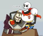 6:5 angry animated_skeleton armor bone brieonabentley clothing crossover duo english_text food gloves handwear hood humanoid lucien_(runescape) mahjarrat not_furry papyrus_(undertale) pasta runescape simple_background skeleton spaghetti text undead undertale undertale_(series)