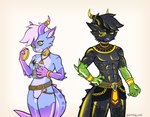 anthro clothing dragon duo femboy goo_transformation hi_res horn kobold latex latex_clothing latex_skinsuit male mythological_creature mythological_scalie mythology purple_body purring_cat rubber_clothing scalie skinsuit tail tight_clothing transformation