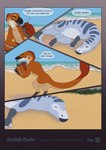 adasaurus ambiguous_gender beach bite_mark comic dialogue dinosaur duo english_text feathered_dinosaur feathered_scalie feathers female_(lore) feral hi_res male_(lore) nanyangosaurus paper-wings prehistoric_species reptile resting scalie speech_bubble text theropod