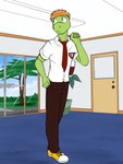 2018 amphibian anthro backpack blaise_(fuze) bottomwear clothed clothing door footwear frog fuze glass_door hi_res lights looking_around male necktie pants plant plant_pot potted_plant shirt shoes solo source_request story story_in_description topwear tree