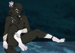 anthro black_body black_fur black_hair black_sclera blep canid closed_smile dipstick_ears ear_markings fur hair inner_ear_fluff jason_shiro leg_markings lionfloof male mammal markings mouth_closed multicolored_ears narrowed_eyes nude pink_inner_ear_fluff pink_tongue red_eyes short_hair sitting smile socks_(marking) solo tongue tongue_out tuft white_markings