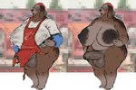 absurd_res anthro apron areola balls bandanna bangs basset_hound big_areola big_balls big_breasts big_nipples big_penis bodily_fluids breasts canid canine canis clothed clothing covered_eyes dizzyknight domestic_dog exhibitionism foreskin genital_fluids genitals grey_hair gynomorph hair hi_res huge_breasts hunting_dog intersex kerchief lactating lips long_ears mammal mature_intersex nipples partially_clothed penis penis_visible_through_clothing precum scent_hound shirt solo taki-san_(dizzyknight) tenting thick_bottom_lip thick_foreskin thick_penis thick_thighs topwear translucent translucent_clothing translucent_topwear white_clothing white_shirt white_topwear wide_hips