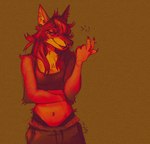 anthro bottomwear canid canine canis cigarette clothing crop_top ear_piercing emoticon facial_piercing female hi_res inner_ear_fluff lidded_eyes looking_at_viewer mammal mano_(mjsty) mjsty navel nose_piercing nose_ring pants piercing ring_piercing shirt smoking solo sweatpants topwear tuft wolf