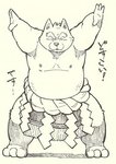 anthro asian_clothing canid canine canis clothing east_asian_clothing feet fringe_clothing garouzuki japanese_clothing male mammal mature_anthro mature_male mawashi overweight overweight_anthro overweight_male raised_hand sagari slightly_chubby slightly_chubby_anthro slightly_chubby_male solo sumo text wolf