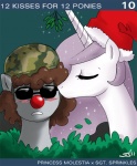 2011 blush clothing clown_nose duo equid equine eyewear fan_character female feral friendship_is_magic hair hasbro hat headgear headwear horn horse john_joseco kissing kissing_bough male mammal mistletoe my_little_pony pink_hair plant pony princess_celestia_(mlp) princess_molestia romantic romantic_couple sergeant_sprinkles simple_background sunglasses