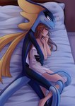 absurd_res after_sex anthro bed bed_sheet bedding bedframe bedroom blue_body blue_eyes blush brown_hair clothed clothing cuddling donutella dress duo eyes_closed female female_on_anthro fin furniture generation_8_pokemon hair half-closed_eyes heart_symbol hi_res hug human human_on_anthro inteleon interspecies jasmin_(donutella) larger_anthro larger_male lizard long_hair long_tail lying male male/female male_on_human mammal narrowed_eyes night nintendo partially_clothed pillow pokemon pokemon_(species) pokephilia rene_(donutella) reptile scalie size_difference skinny sleeping slim smile spooning tail tail_on_leg tail_wrapping thin_calves thin_legs thin_thighs wrapped_tail