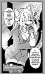 absolute_territory anthro bottomwear canid canine canis clothed clothing comic daigaijin dialogue domestic_dog english_text female fur furgonomics furryfight_chronicles hair hi_res lagomorph leporid mammal miho_(furryfight_chronicles) miho_barkowitz monochrome muko rabbit skirt solo tail tail_through_skirt text tongue tongue_out