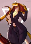 absurd_res annaklava anthro businesswear clipboard clothed clothing cobra eyewear female fora front_view fully_clothed glasses hi_res jewelry long_tail necklace pinstripe_suit reptile round_glasses scales scalie snake snake_hood solo standing suit tail thick_thighs wide_hips yellow_body yellow_scales