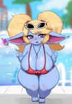 4_fingers barefoot big_breasts big_ears blonde_hair blue_body bodily_fluids breasts cleavage clothed clothing embarrassed eyewear eyewear_on_head feet female fingers fluffy_ears hair hi_res huge_breasts humanoid league_of_legends lifeguard lifeguard_swimsuit one-piece_swimsuit pink_eyes poppy_(lol) riot_games short_stack slightly_chubby solo squishcap sunglasses sunglasses_on_head sweat sweatdrop swimming_pool swimwear tencent thick_thighs twintails_(hairstyle) whistle_(object) wide_hips yordle