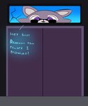 5:6 absurd_res anthro artificial_intelligence cracked_screen dialogue fur grey_body grey_fur hi_res indigo_park looking_at_viewer male male_(lore) mammal potatofarmer_(artist) procyonid purple_eyes raccoon rambley_raccoon screen simple_background smile solo