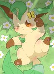 3_fingers 3_toes :< absurd_res ambiguous_gender arthropod blush brown_body brown_eyes brown_fur butterfly dot_nose eeveelution feet fingers flower fur generation_4_pokemon grass green_body green_fur hi_res insect leafeon leafeon0927 lepidopteran lying lying_on_grass multicolored_body multicolored_fur neck_tuft nintendo on_grass pawpads pink_pawpads plant pokemon pokemon_(species) solo toes tuft under_shade white_flower yellow_body yellow_fur