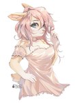 2022 anthro biped bitterk4t blue_eyes breasts brown_body brown_fur clothed clothing deer digital_drawing_(artwork) digital_media_(artwork) ear_piercing ear_ring female fully_clothed fur hair half-length_portrait hand_on_hip hi_res kemono looking_at_viewer mammal piercing pink_hair portrait ring_piercing simple_background solo white_background