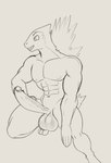 anthro balls big_penis fourssss generation_2_pokemon genitals hand_on_leg hi_res male muscular muscular_male nintendo penis pokemon pokemon_(species) raised_leg sketch solo typhlosion