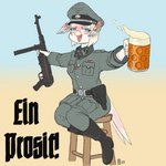 1:1 2023 alcohol anthro avian beak beer beer_mug belt belt_buckle beverage bird blonde_hair blue_eyes blush boots buckle clothing cross feathers female footwear german_text gun hair hat head_wings headgear headwear hi_res holding_gun holding_object holding_ranged_weapon holding_weapon holster iron_cross leather leather_boots leather_clothing leather_footwear medal medium_hair military military_cap military_uniform mp_40 nautilusbomb nazi open_mouth pink_body pink_feathers ranged_weapon schutzstaffel shoes sitting sitting_on_stool smile solo submachine_gun swastika tail tail_feathers tan_body tan_feathers text totenkopf translation_request uniform unusual_wing_placement visor_cap weapon wings world_war_2