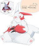 anthro belly blush claws food fur generation_3_pokemon hi_res male nintendo noodles overweight pawpads pink_eyes pokemon pokemon_(species) ramen sitting solo sumel_2 weight_gain white_body white_fur zangoose