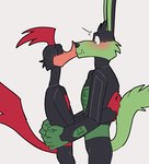 anthro arms_around_partner avian beak bird blush canid canine canis cheek_tuft clothing coyote cuculiform duo emanata eyes_closed facial_tuft feathers fernypaw fluffy fluffy_tail fur fuzzy green_body green_fur head_feathers hi_res hug kiss_on_lips kissing loonatics_unleashed looney_tunes love male male/male mammal new_world_ground_cuckoo predator/prey red_body red_feathers rev_runner roadrunner romantic romantic_couple shocked side_view simple_background standing surprise surprise_kiss surprised_expression tail tail_feathers tech_e._coyote tuft warner_brothers white_background wide_eyed yellow_eyes