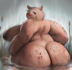 anthro areola big_butt body_hair breasts butt domestic_pig female hi_res huge_butt ikiki looking_back mammal nipples nude nude_anthro nude_female overweight overweight_anthro overweight_female partially_submerged portrait solo suid suina sus_(pig) swamp thick_thighs three-quarter_portrait unimpressed