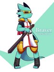 abstract_background ambiguous_gender anthro armor biped braver_(vavacung) clothed clothing comic digitigrade english_text hi_res holding_object kobold leg_wraps mask pauldron scalie solo standing text vavacung wraps