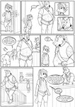 2022 age_difference anthro bear belly black_text bottomwear bowing butt canid canine clothed clothing comic dialogue digital_drawing_(artwork) digital_media_(artwork) door door_handle duo ellipsis english_text fingers fully_clothed fur gloves hair handwear hi_res humanoid_hands inside mammal melee_weapon monochrome older_anthro opening_door raccoon_dog speech_bubble sword tanuki text thehades topwear weapon weapon_on_back young young_anthro younger_anthro