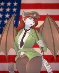 2016 american_flag anthro breasts clothing digital_media_(artwork) felid female fur hair hat headgear headwear hi_res holding_object littlenapoleon looking_at_viewer mammal membrane_(anatomy) membranous_wings military_uniform navel necktie pantherine red_hair sedire_(deiser) smile solo tiger uniform united_states_of_america white_body white_fur wings