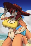 anthro beach bear213 big_breasts blue_eyes breasts clothing cowboy_hat female fin floatzel fur generation_4_pokemon hat headgear headwear hi_res nintendo orange_body orange_fur pokemon pokemon_(species) solo under_boob yellow_body yellow_fur