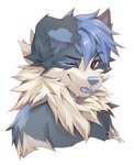 2022 anthro bitterk4t blue_body blue_fur blue_nose blue_tongue bust_portrait button_ears canid canine canis digital_drawing_(artwork) digital_media_(artwork) domestic_dog fangs floppy_ears fluffy fur hi_res looking_at_viewer mammal neck_tuft one_eye_closed portrait simple_background solo teeth tongue tuft white_background wink winking_at_viewer