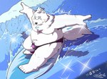 anthro bandage bandage_on_face belly bulge canid canine canis clothing domestic_dog fur hair lifewonders live_a_hero male mammal moobs navel nipples nordic_sled_dog overweight ponytail samoyed sea shachi_ojisan solo speedo spitz surfboard surfing swimwear water white_body white_fur yohack