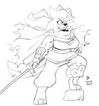 2023 3_toes anaugi anthro armor asian_clothing black_and_white canid canine canis clothed clothing domestic_dog east_asian_clothing english_text feet female hachimitsu hair hair_over_eye holding_melee_weapon holding_object holding_sword holding_weapon japanese_clothing katana kimono mammal melee_weapon monochrome one_eye_obstructed rock scar scarf signature simple_background sketch solo sword text toes vambrace weapon white_background