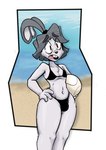 bav beach bikini buckteeth bulge clothed clothing crossdressing femboy fur grey_hair hair male open_mouth ponytail red_eyes solo sport swimwear teeth two-piece_swimsuit vab_(bav) volleyball white_body white_fur