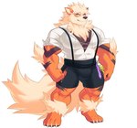 anthro arcanine barefoot bottomwear bulge canid canine clothed clothing feet fen_(kulplant) flaming_flagon generation_1_pokemon kulplant looking_at_viewer male mammal muscular muscular_male nintendo pokemon pokemon_(species) shirt shorts smile solo suspenders topwear unbuttoned_shirt