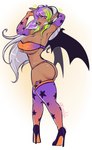 2018 abstract_background alternative_fashion big_breasts big_butt biped breasts butt butt_focus clothed clothing demon demon_humanoid female footwear hair hi_res high_heels horn huge_breasts humanoid lips multicolored_hair nipple_outline not_furry purple_eyes ryunwoofie shoes signature skimpy solo standing tan_body tan_skin vivica_(akukun) wings